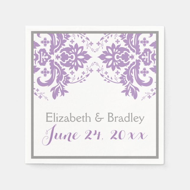Elegant damask motif purple, grey wedding paper napkins (Front)