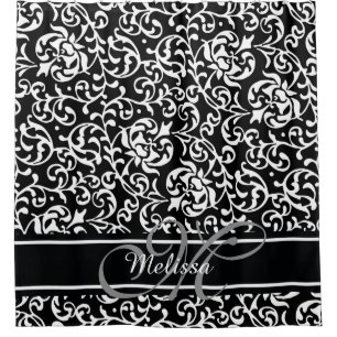 Elegant Damask Name and Monogram Black and White Shower Curtain