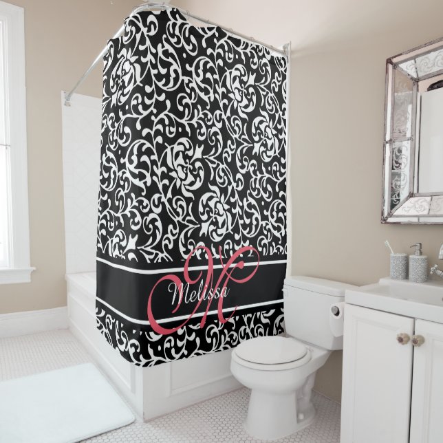 Elegant Damask Name and Monogram Black, Pink White Shower Curtain (In Situ)