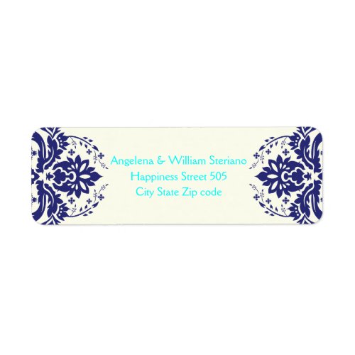 Elegant damask navy blue aqua ivory wedding label