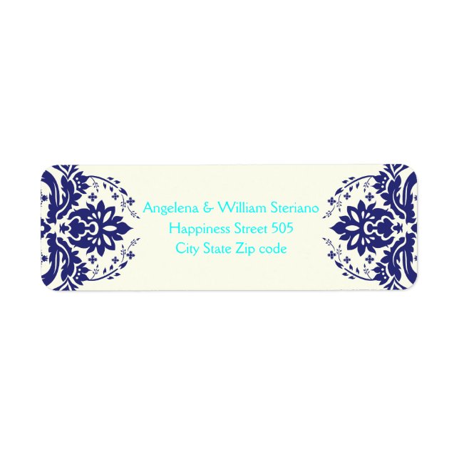 Elegant damask navy blue, aqua, ivory wedding label (Front)