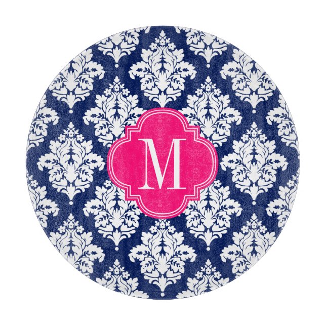 Elegant Damask Navy & Pink Custom Monogrammed Cutting Board (Front)
