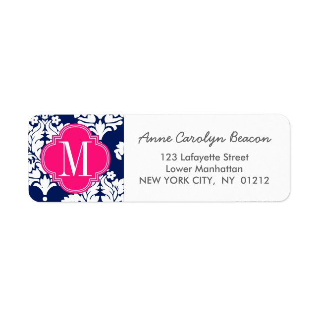 Elegant Damask Navy & Pink Custom Monogrammed Label (Front)
