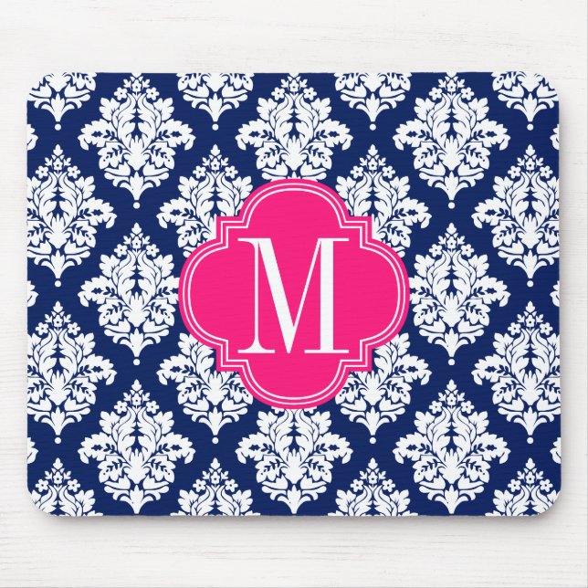 Elegant Damask Navy & Pink Custom Monogrammed Mouse Pad (Front)
