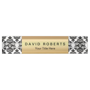 Elegant Damask Pattern Modern Gold Label Nameplate