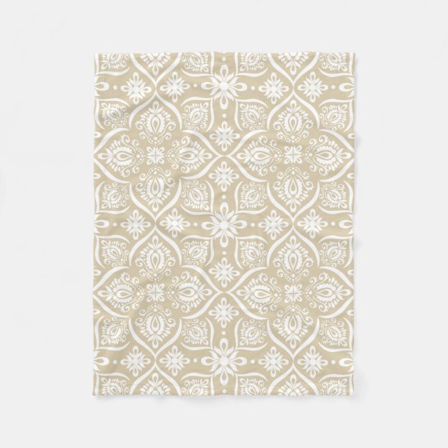 Elegant Damask Pattern | Tan And White Fleece Blanket (Front)