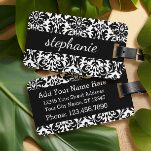 Elegant Damask Patterns with Black and White Luggage Tag