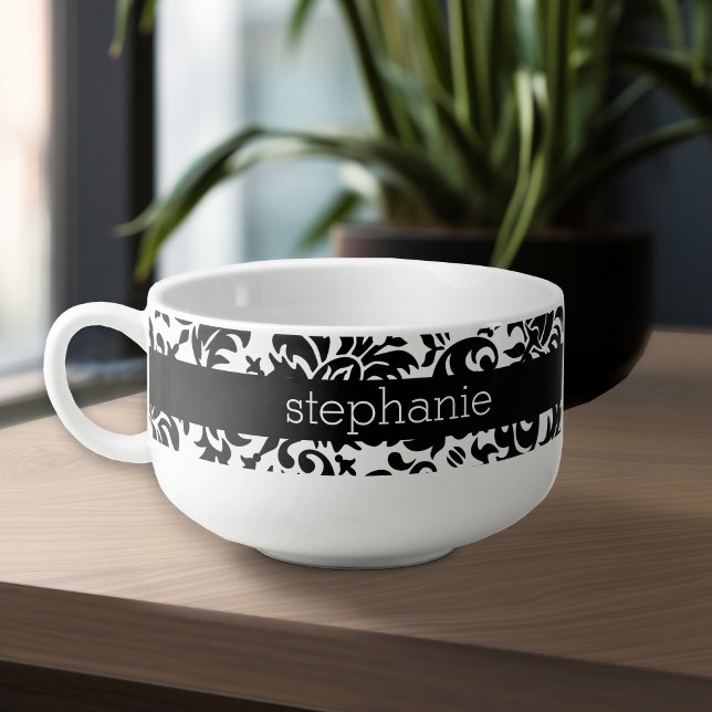 Elegant Damask Patterns with Black and White Soup Mug
