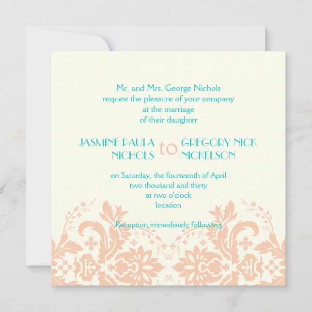 Elegant damask peach, aqua, ivory wedding invitation (Front)