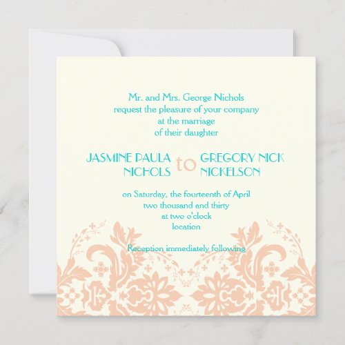 Elegant damask peach aqua ivory wedding invitation