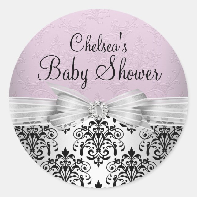 Elegant Damask Pink Baby Shower Sticker (Front)