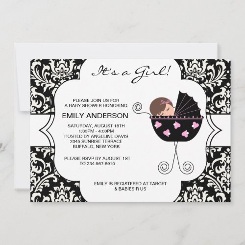 Elegant Damask Pink Black Baby Girl Shower Invitation