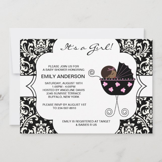 Elegant Damask Pink Black Baby Girl Shower Invitation (Front)