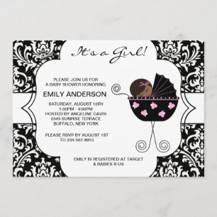 Elegant Damask Pink Black Baby Girl Shower Invitation