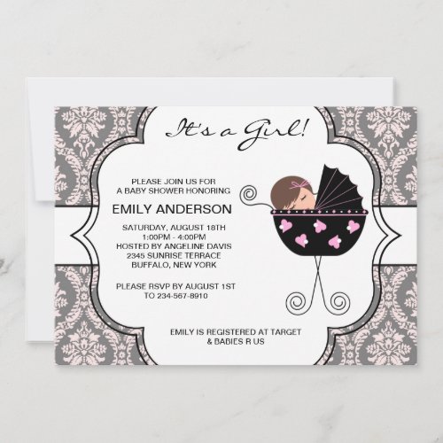 Elegant Damask Pink Black Baby Girl Shower Invitation