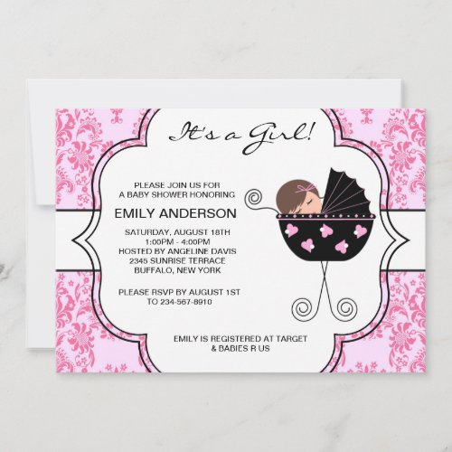 Elegant Damask Pink Black Baby Girl Shower Invitation