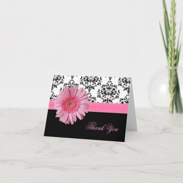 Elegant Damask & Pink Gerber Daisy Thank You Card (Front)