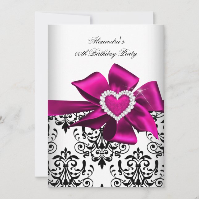 Elegant Damask Pink Heart Jewel Birthday Invitation (Front)