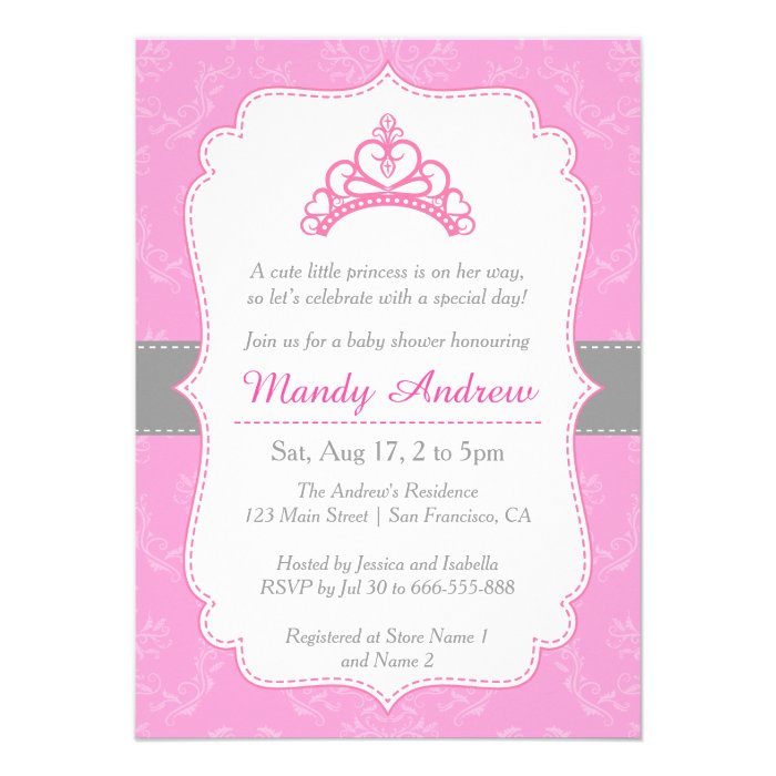 Elegant Damask, Princess Crown, Girl Baby Shower Personalized Invitation