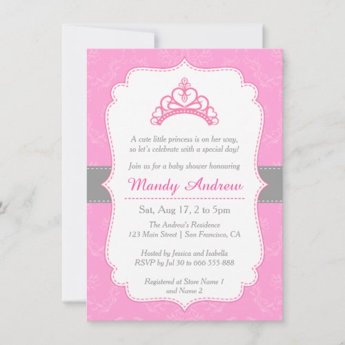 Elegant Damask Princess Crown Girl Baby Shower Invitation