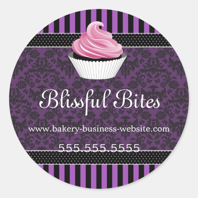 Elegant Damask Purple Cupcake Bakery Box Seals (Front)