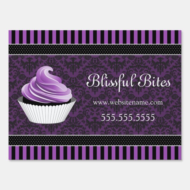 Elegant Damask Purple Cupcake Bakery Market Sign (Front)