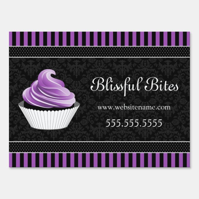 Elegant Damask Purple Cupcake Bakery Market Sign (Front)