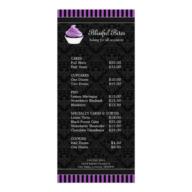Elegant Damask Purple Cupcake Bakery Price List Rack Card (Front)