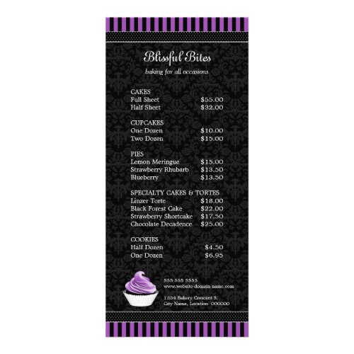 Elegant Damask Purple Cupcake Bakery Price List Rack Card