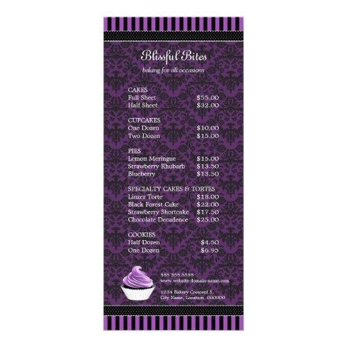 Elegant Damask Purple Cupcake Bakery Price Rack Card
