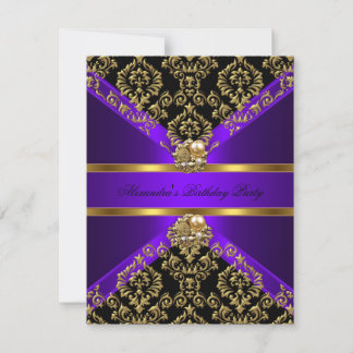 Elegant Damask Purple Gold Black Birthday Invitation