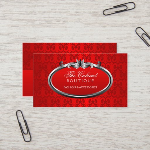 Customizable Elegant Damask Red Silver Shimmer Business Cards