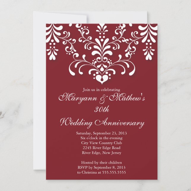 Elegant Damask Red Wedding Anniversary Invitation (Front)