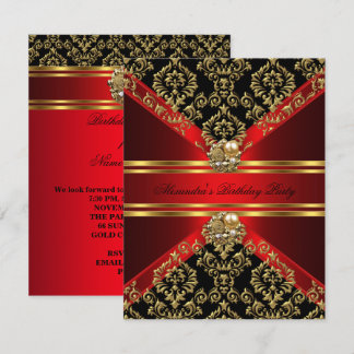 Elegant Damask Regal Red Gold Black Birthday Invitation