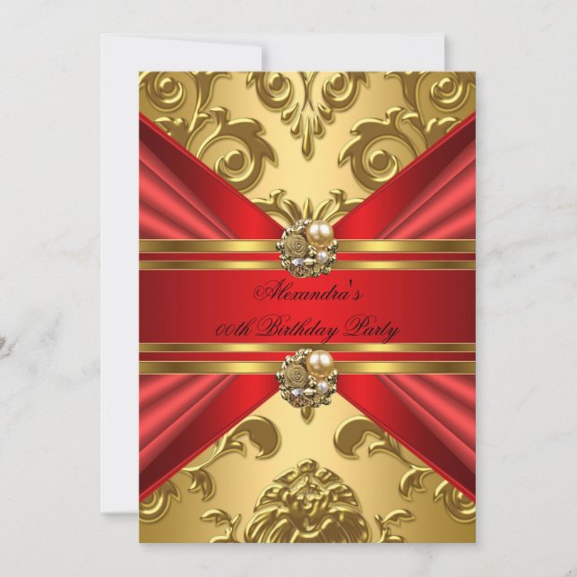 Elegant Damask Regal Red Gold Floral Birthday 2 Invitation (Front)