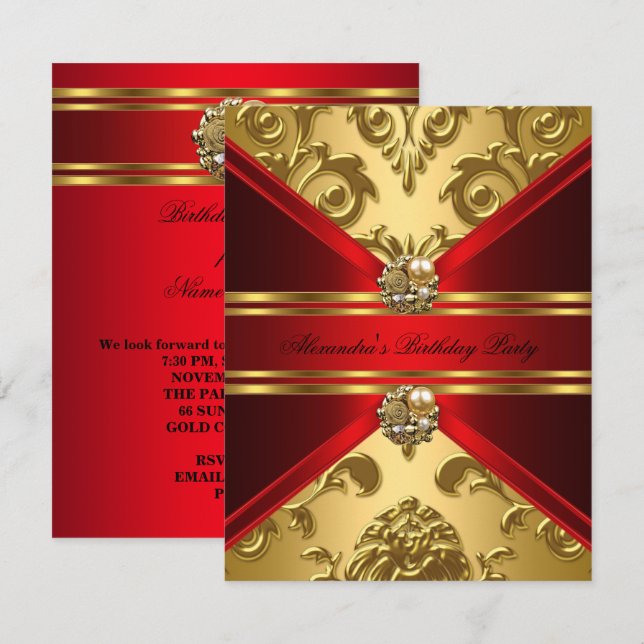 Elegant Damask Regal Red Gold Floral Birthday Invitation (Front/Back)