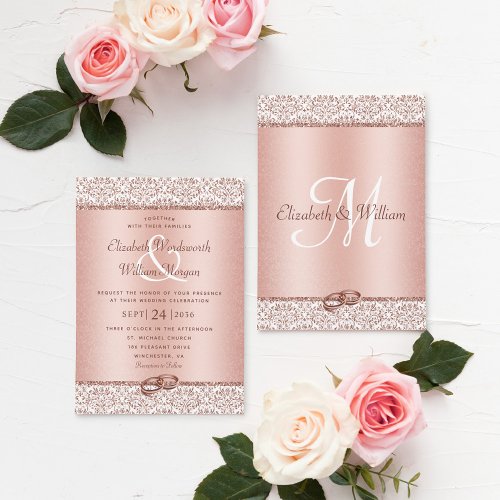 Elegant Damask Rose Gold Monogram Wedding Invitation