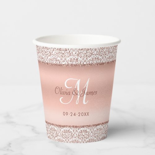 Elegant Damask Rose Gold Monogram Wedding Paper Cups