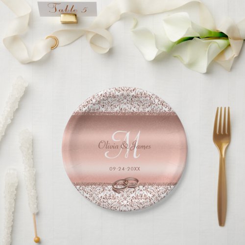 Elegant Damask Rose Gold Monogram Wedding Paper Plates