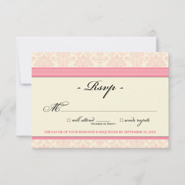 Elegant Damask RSVP Card (pink/cream) (Front)
