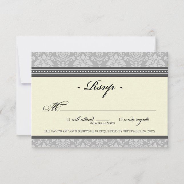Elegant Damask RSVP Card (silver/cream) (Front)