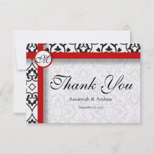 Elegant Damask Side Borders Red Trim Thank You Card