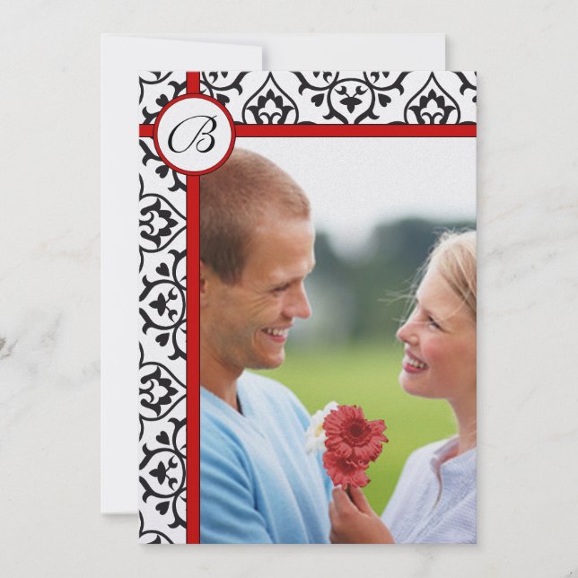 Elegant Damask Side Borders Red Trim Wedding Invitation (Front)
