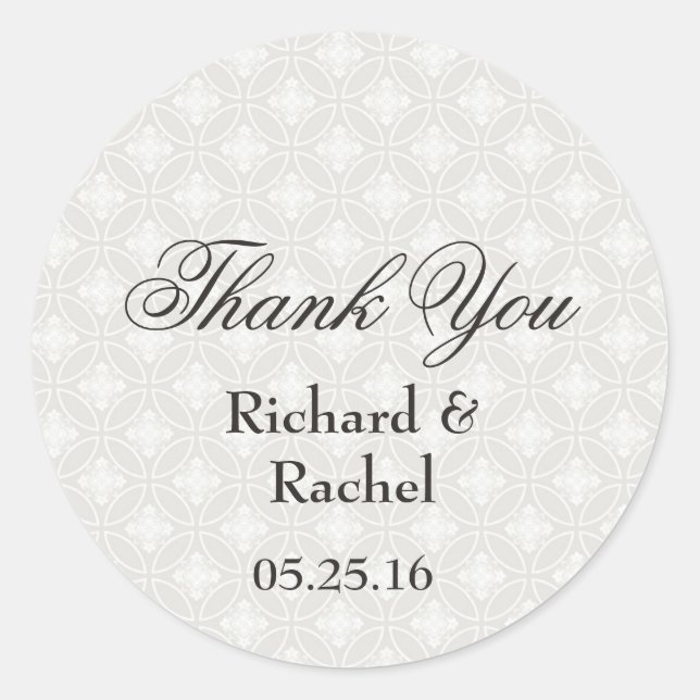 Elegant Damask Silver and White Thank You Classic Round Sticker (Front)