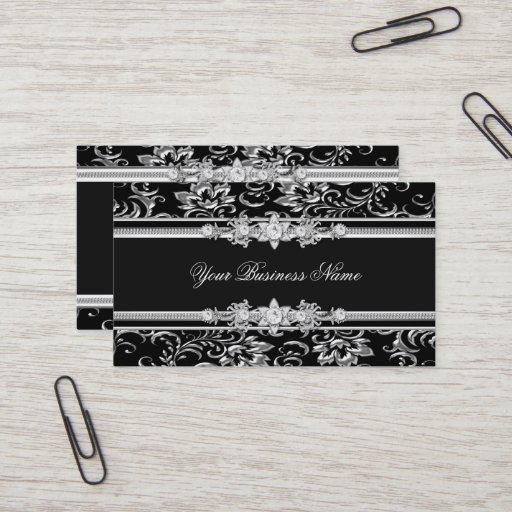 Customizable Elegant Damask Silver Black Jewel Look Image Business Card Templates
