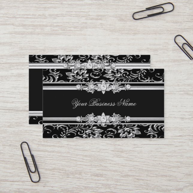Elegant Damask Silver Black Jewel Look Image Business Card (Front/Back In Situ)