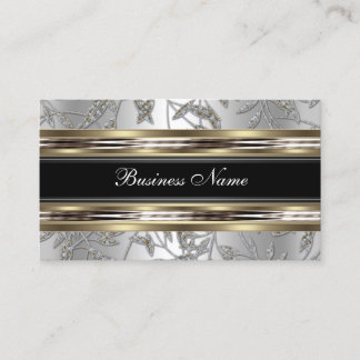 Elegant Damask Silver Pewter Chrome Metal Black Business Card