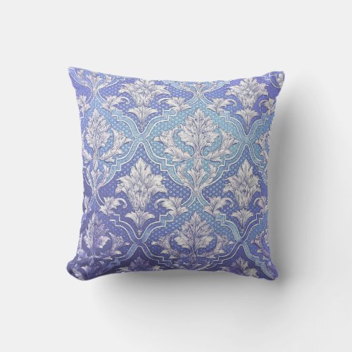 Elegant damask silver white blue indigo victorian throw pillow
