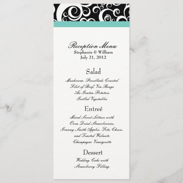 Elegant Damask Swirls Reception Menu in Aqua (Front)