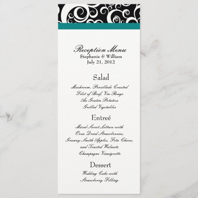 Elegant Damask Swirls Reception Menu in Teal (Front)